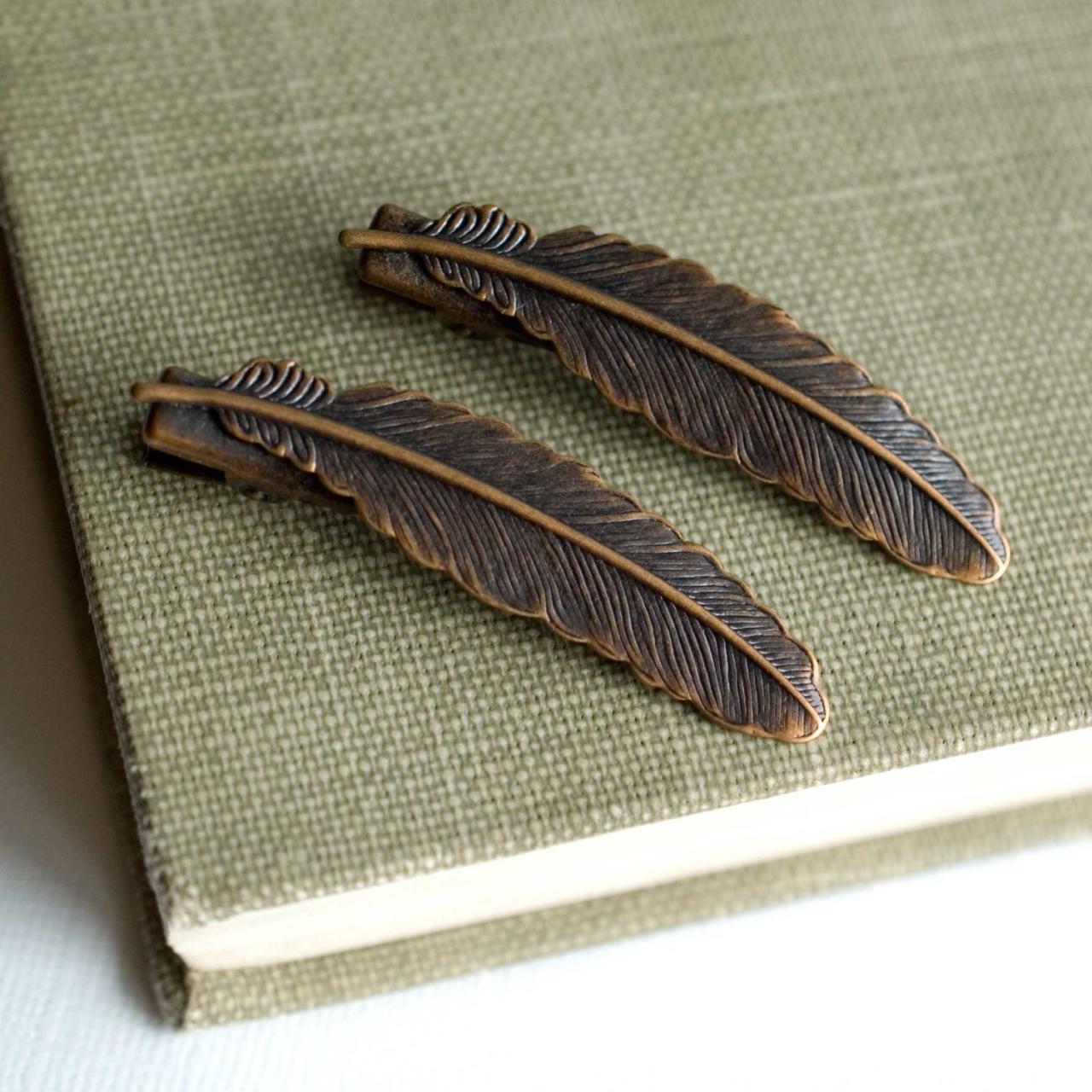 Antique Copper Feather Bobby Pin Set Feather Barrette Hair Pin