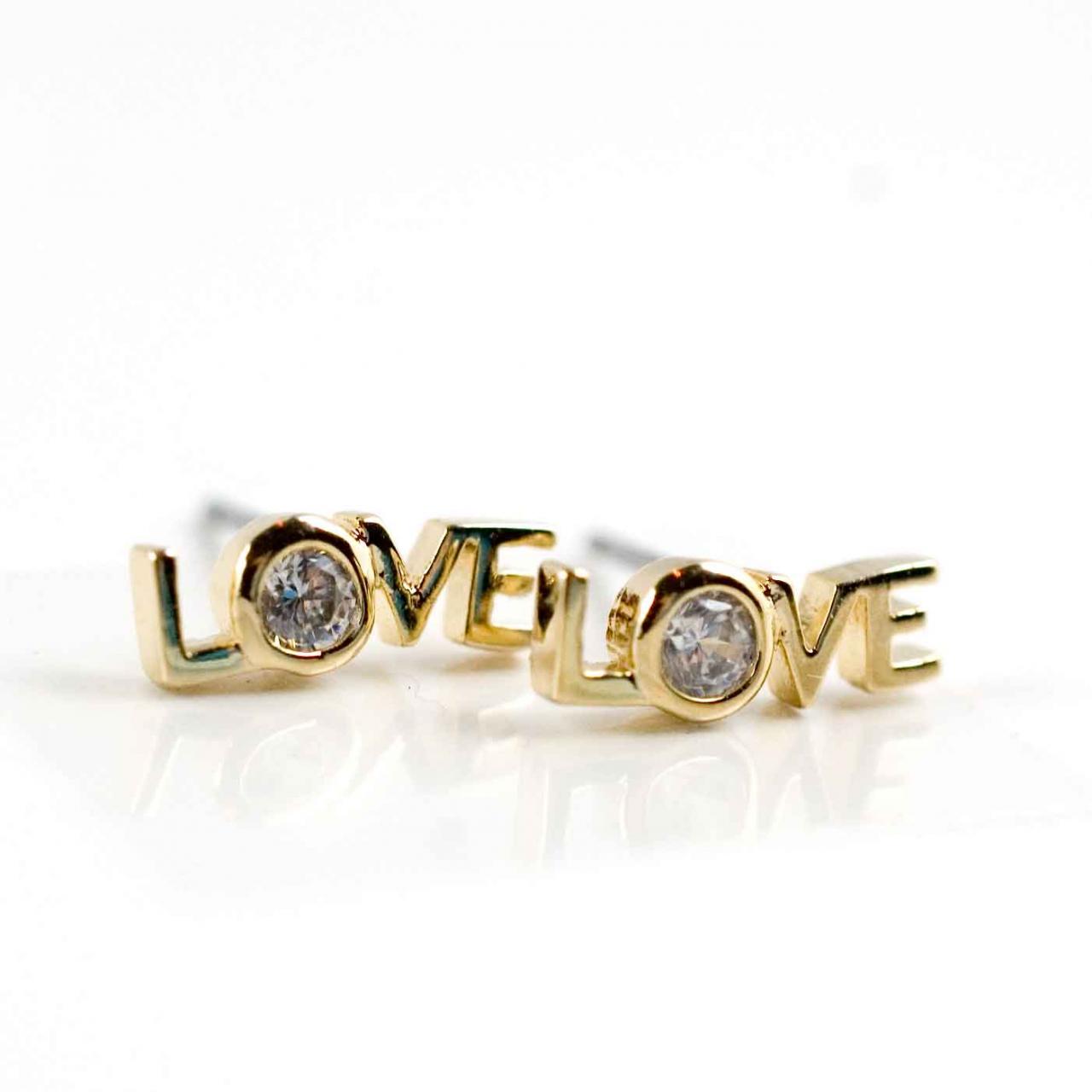 Love Earrings Gold With Rhinestone