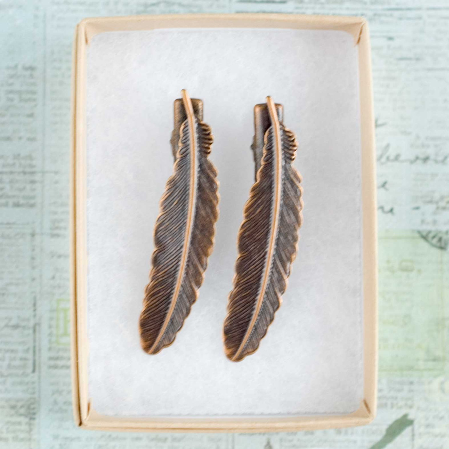 Antique Copper Feather Bobby Pin Set Feather Barrette Hair Pin