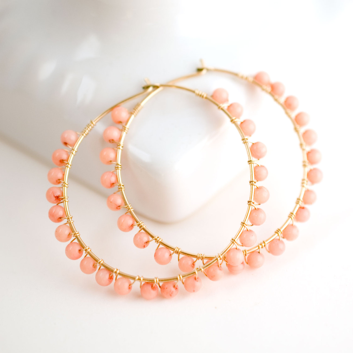 Coral Gold Hoop Earrings Coral Beaded Hoop Earrings Pink Beaded Hoops