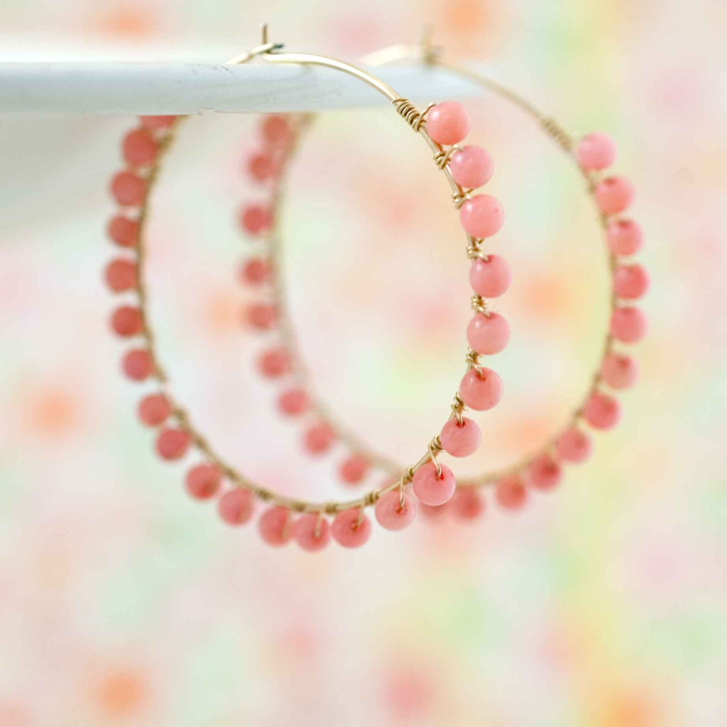 Coral Gold Hoop Earrings Coral Beaded Hoop Earrings Pink Beaded Hoops