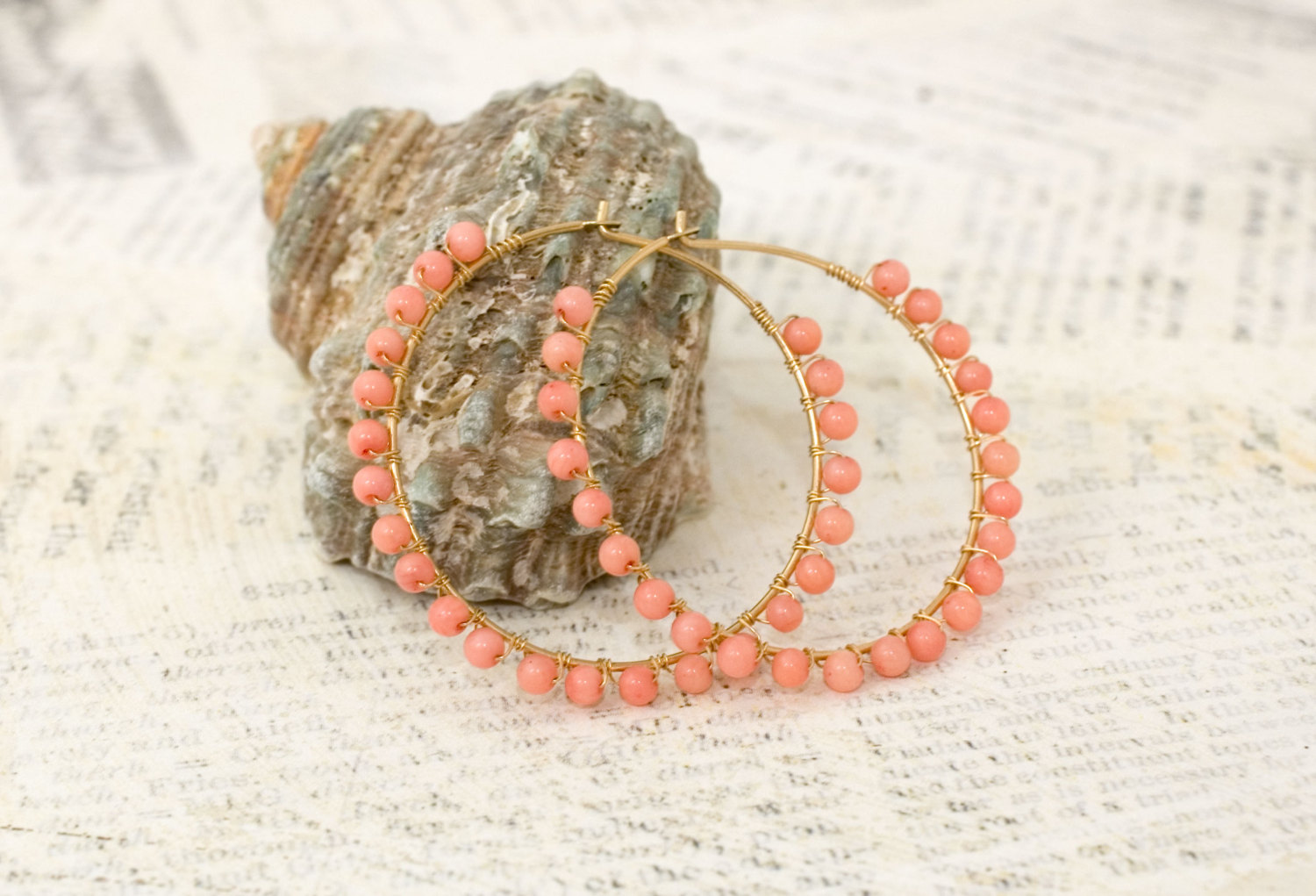Coral Gold Hoop Earrings Coral Beaded Hoop Earrings Pink Beaded Hoops